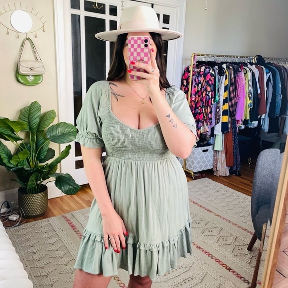 Altar'd State Sage Green Puff Sleeve Smocked Mini Dress - Picture 1 of 8